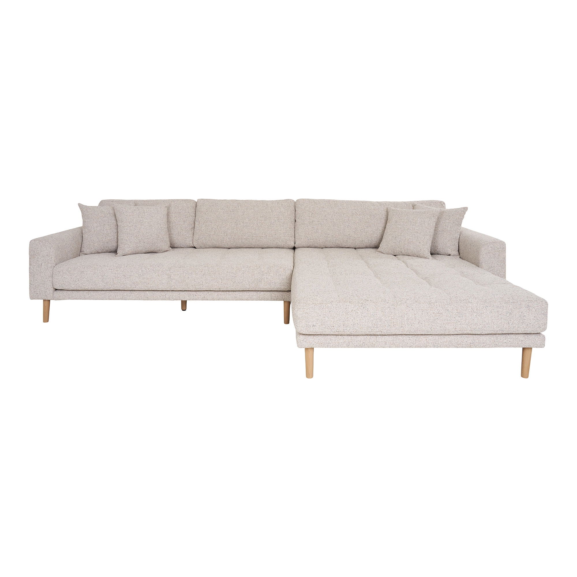 Lido Lounge Sofa - Lounge Sofa, right facing in beige heathered with four pillows and natural wood legs, HN1015